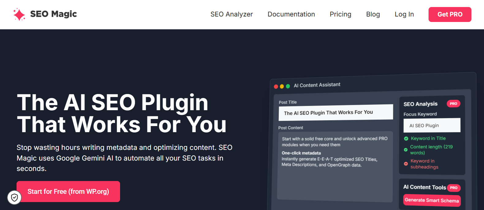 Interfaz de usuario del plugin SEO Magic mostrando una herramienta de asistente de contenido con IA y análisis SEO.