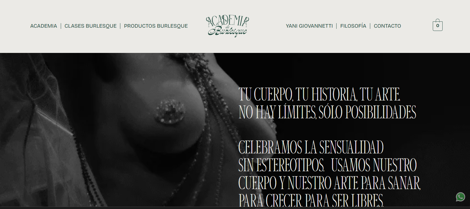 Encabezado web de la Academia de Burlesque con menú de navegación y mensaje sobre arte y sensualidad.