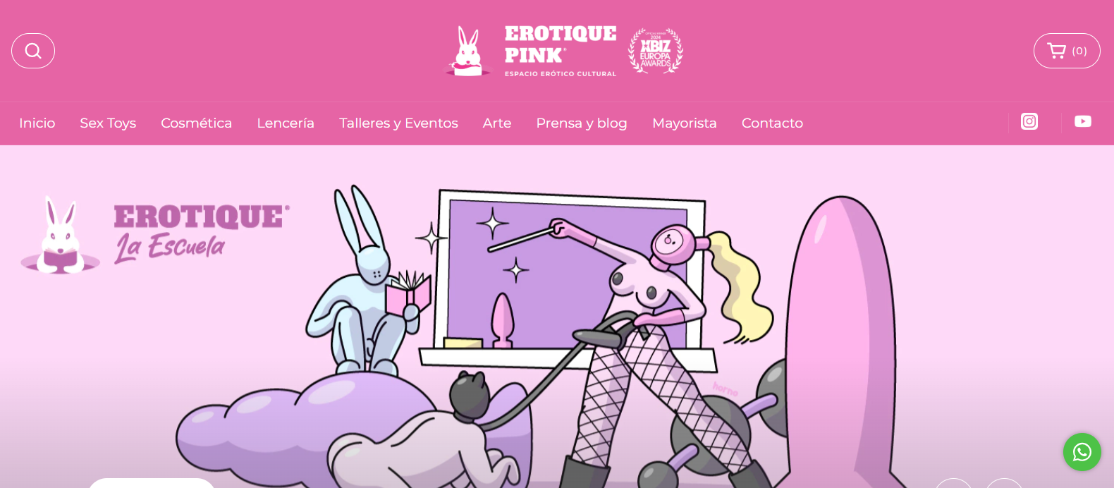 Menú superior y banner ilustrado del sitio web Erotique Pink en tonos rosas y violetas.