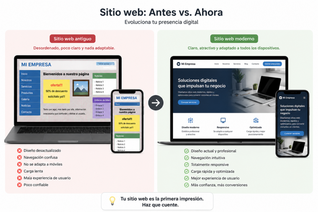 Comparison between an outdated website and a modern responsive professional website in 2026